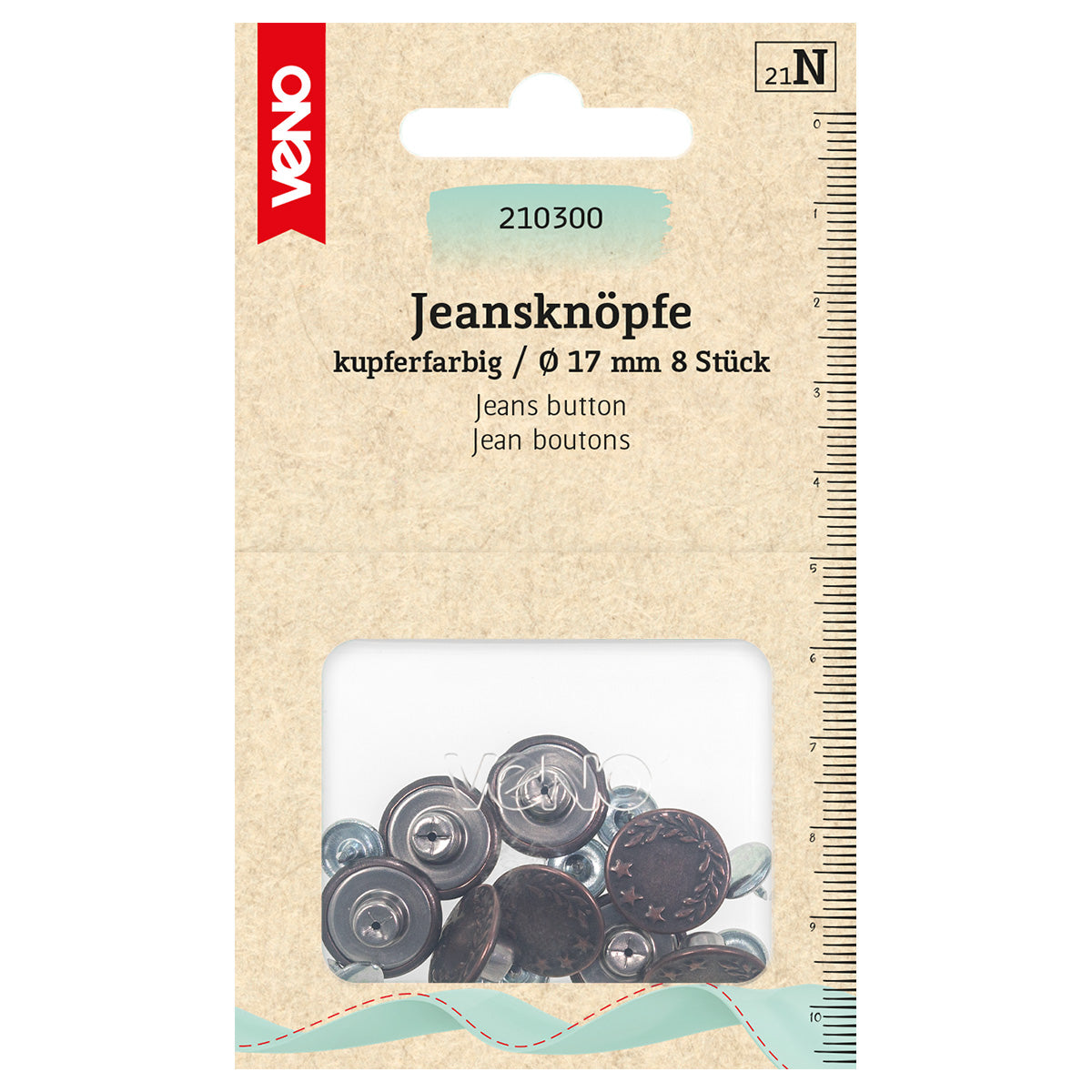 Jeansknöpfe 17 mm in Kupfer von VENO – Ansicht eines 8er-Packs auf weißem Hintergrund